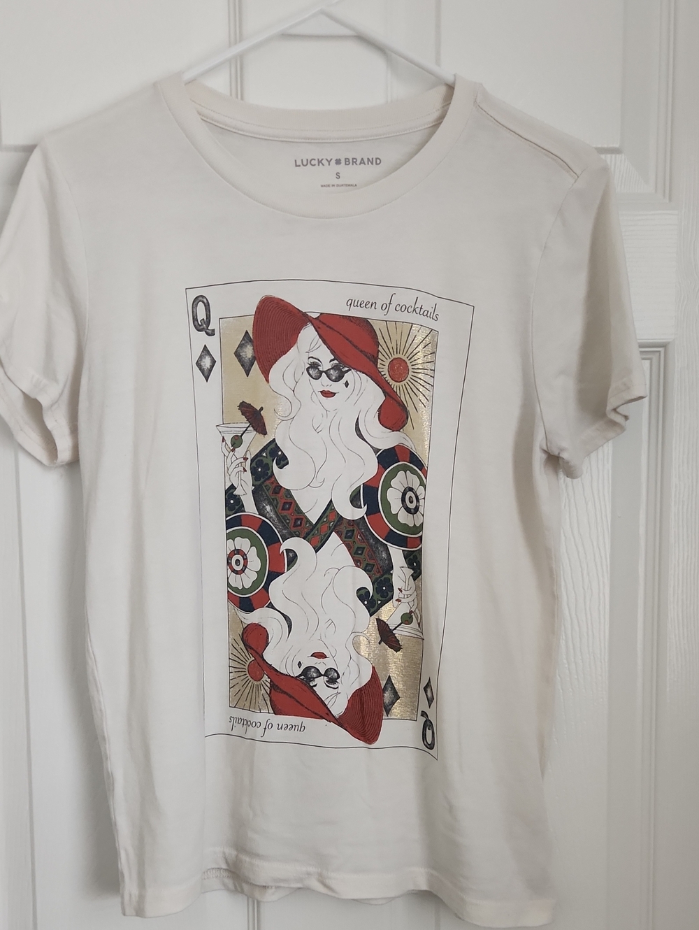 Lucky Brand Cream Short Sleeve Tee with Red and Gold Playing-Card Graphic